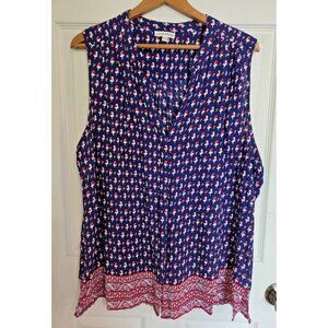 Artisan NY navy white red floral blouse Sz 2X Sleeveless Hidden Buttons